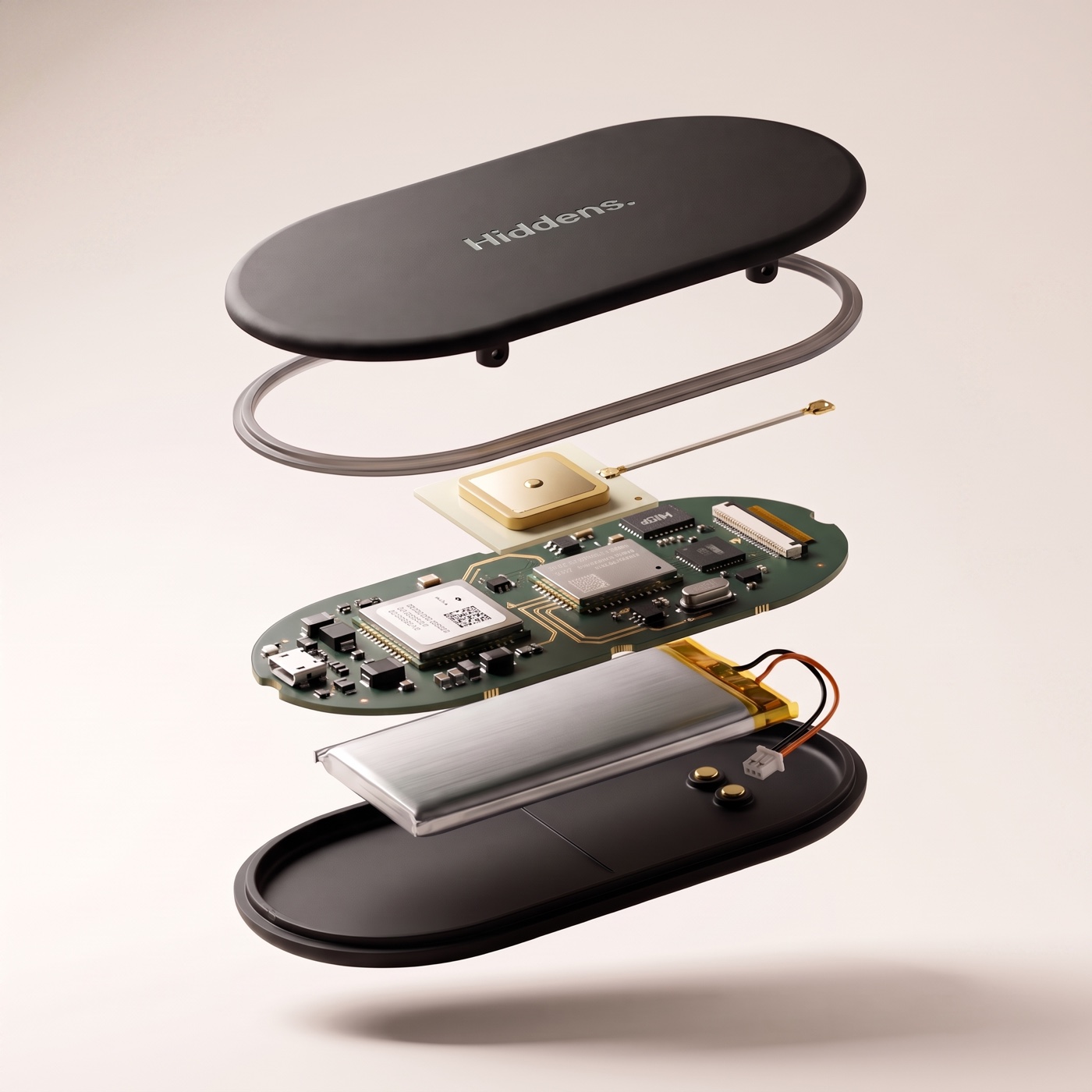 Exploded view of the Hiddens pod: shell, antenna, board and battery